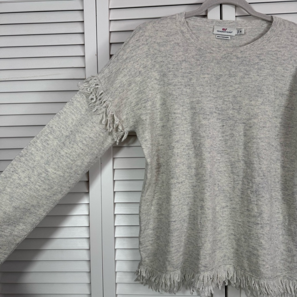 Vineyard Vines Cashmere Merino Wool Drop Shoulder Fringe Sweater Gray Medium - Picture 4 of 9